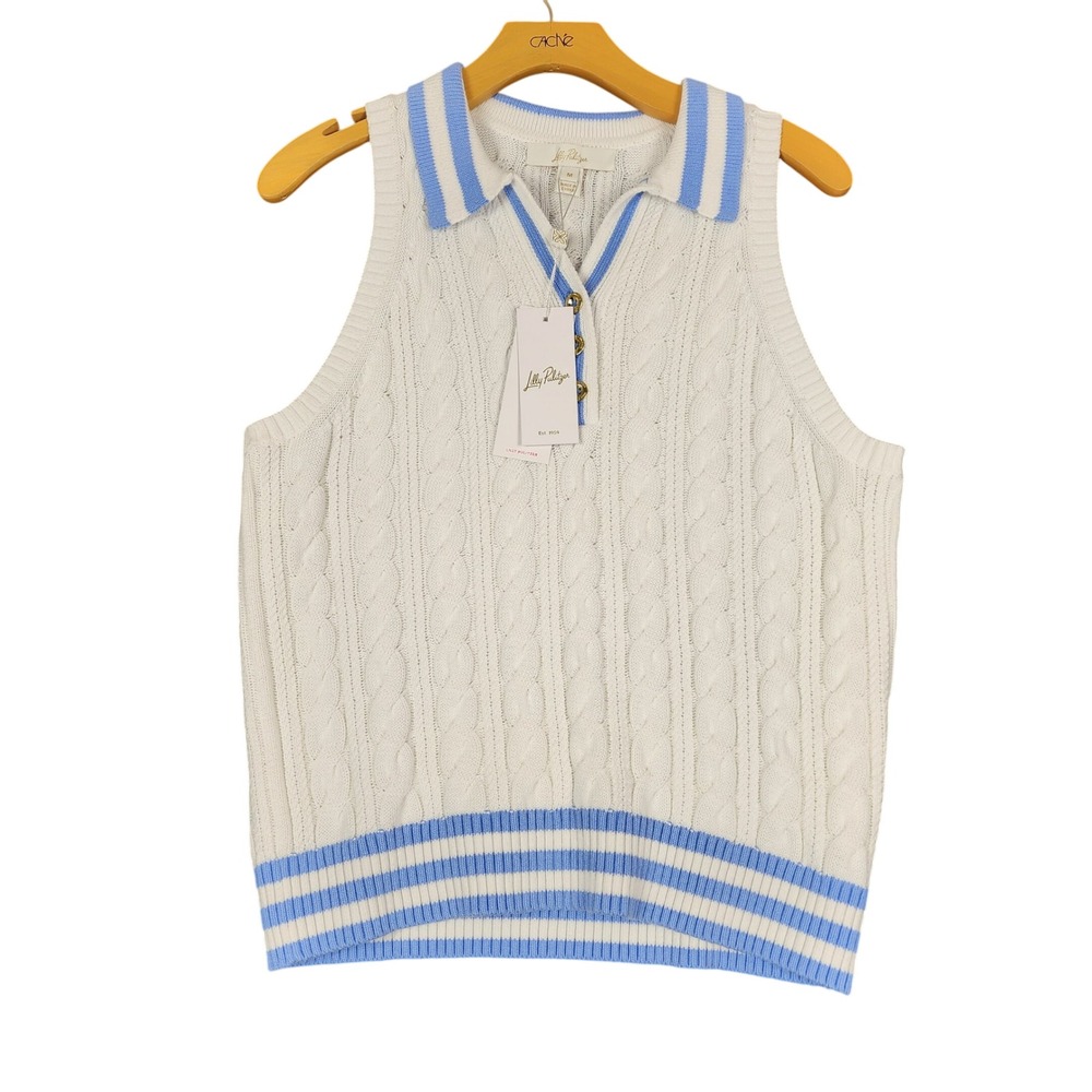 Lilly Pulitzer Suzette Sweater Tank White Blue Cable Knit Polo Vest 018733 M - Picture 1 of 10
